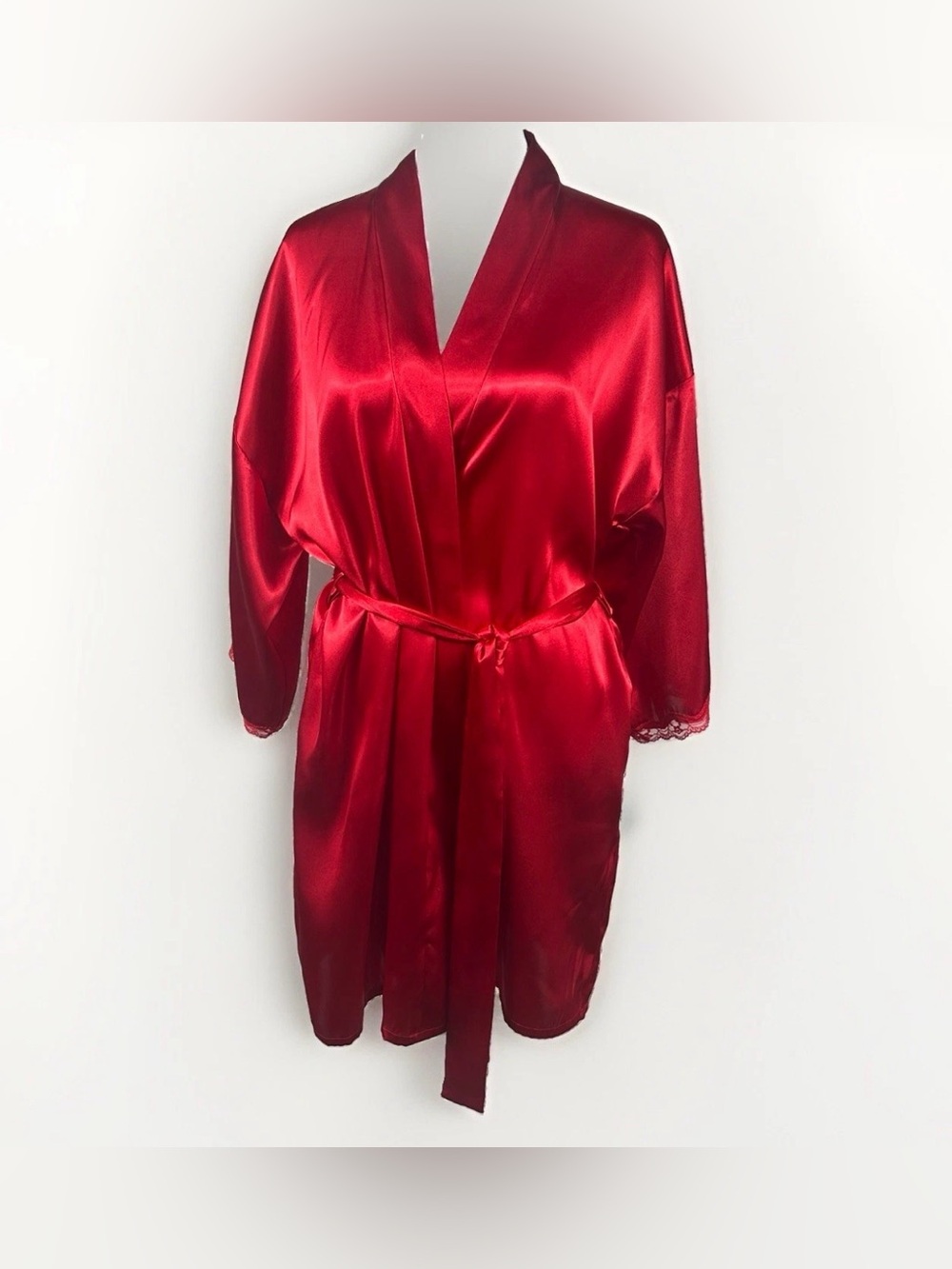 Fredericks of Hollywood Womens S/M Red Satin Robe Lace Trim Belted Y2K Lingerie